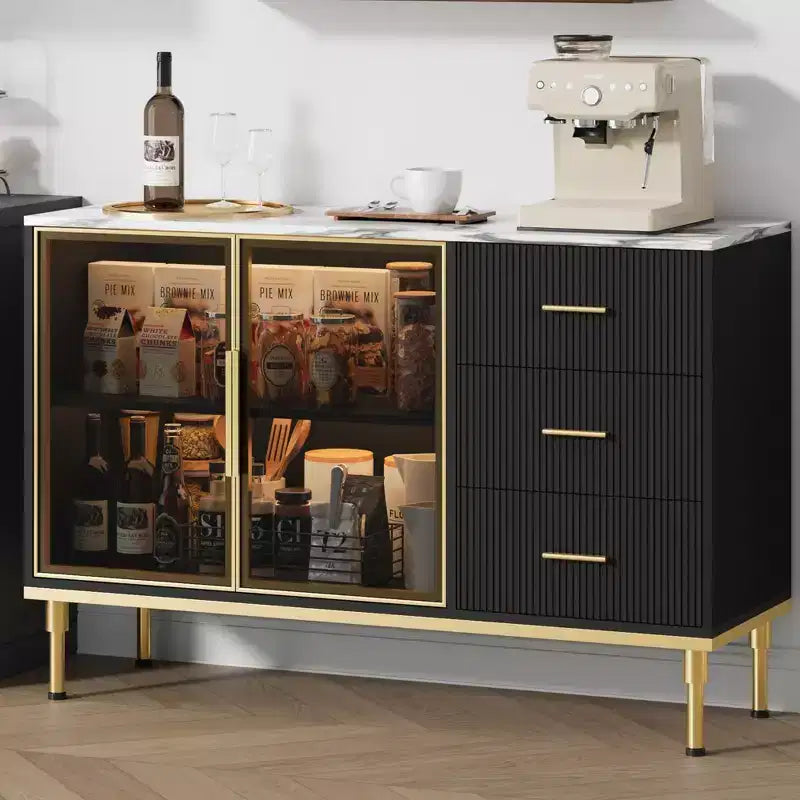 3 Drawers, 2 Glass Doors Marble Top Kitchen Sideboard Cabinet for Dining Room for Kitchen, Living Room, Dining Room, black