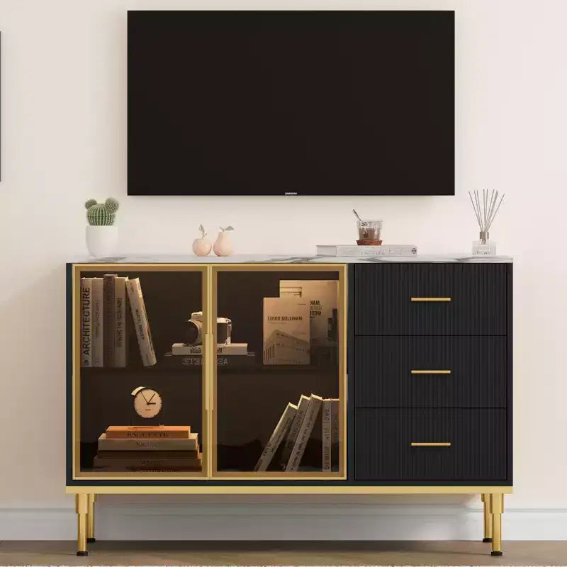 3 Drawers, 2 Glass Doors Marble Top Kitchen Sideboard Cabinet for Dining Room for Kitchen, Living Room, Dining Room, black