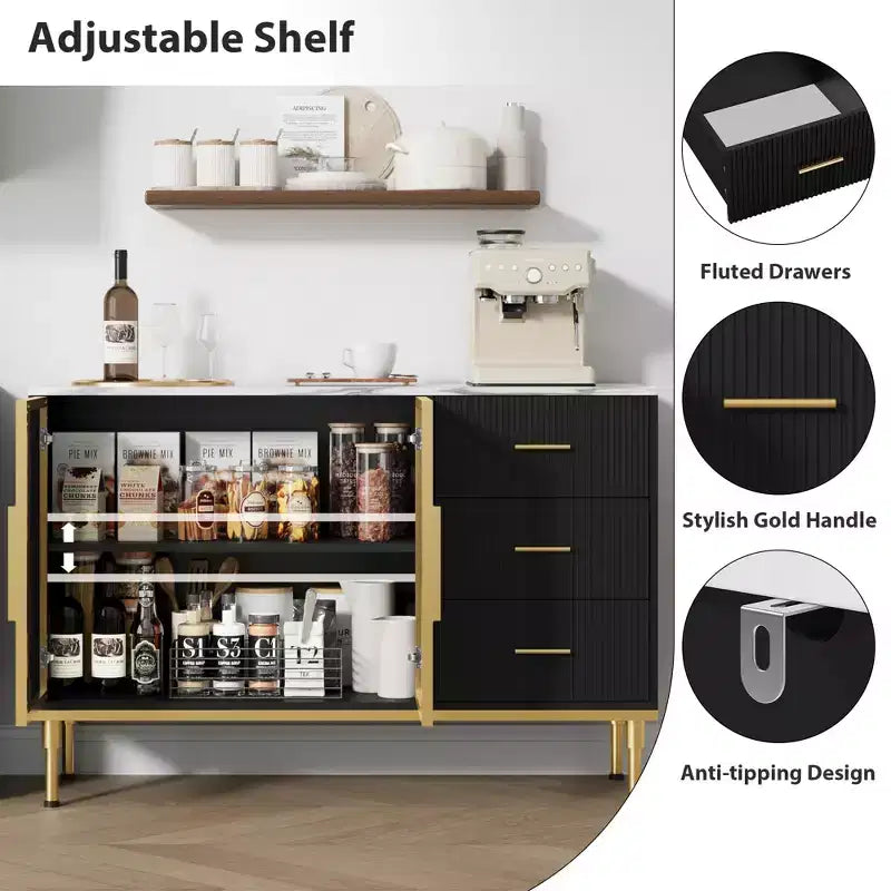 3 Drawers, 2 Glass Doors Marble Top Kitchen Sideboard Cabinet for Dining Room for Kitchen, Living Room, Dining Room, black