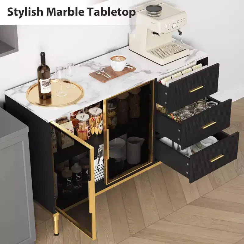 3 tiroirs, 2 portes vitrées, buffet de cuisine en marbre pour salle à manger, cuisine, salon, salle à manger, noir