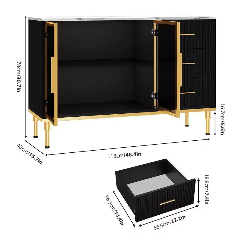 3 tiroirs, 2 portes vitrées, buffet de cuisine en marbre pour salle à manger, cuisine, salon, salle à manger, noir