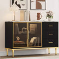 3 Drawers, 2 Glass Doors Marble Top Kitchen Sideboard Cabinet for Dining Room for Kitchen, Living Room, Dining Room, black
