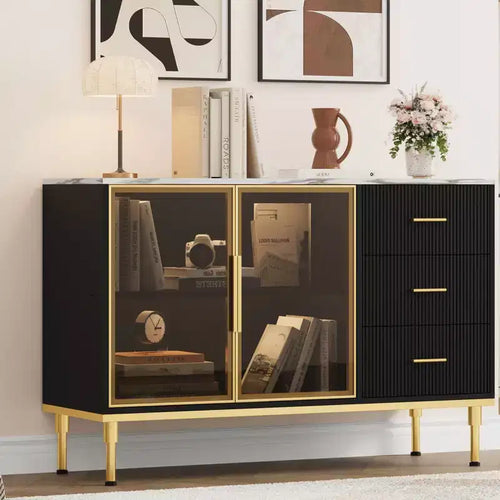 3 Drawers, 2 Glass Doors Marble Top Kitchen Sideboard Cabinet for Dining Room for Kitchen, Living Room, Dining Room, black