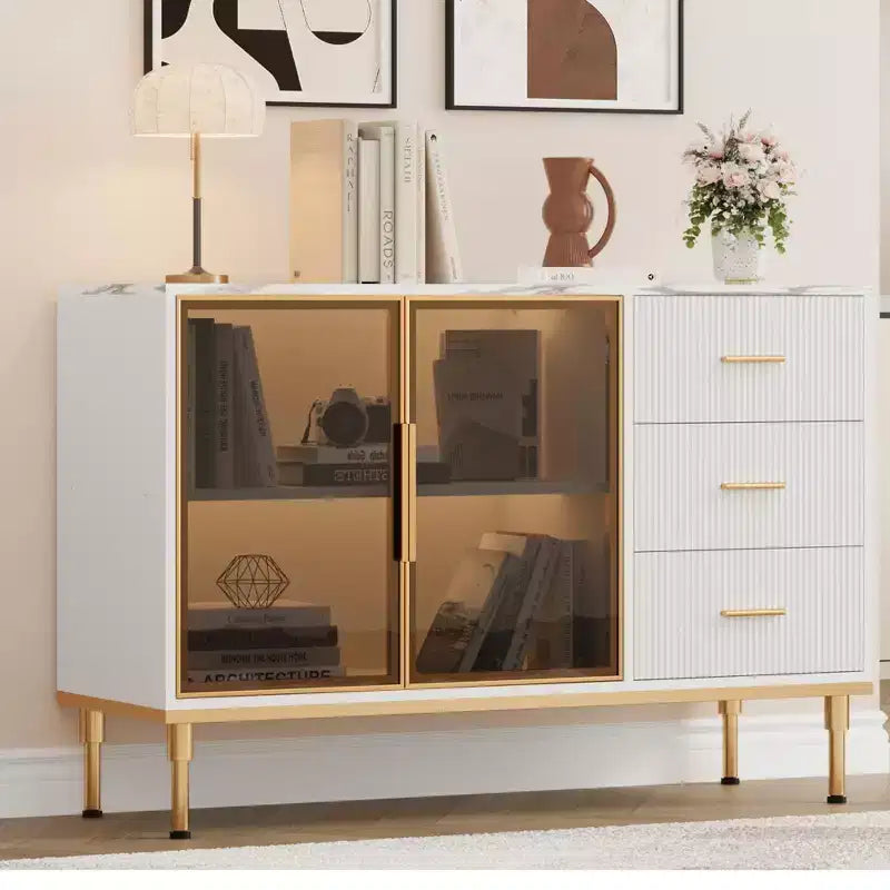 3 Drawers, 2 Glass Doors Marble Top Kitchen Sideboard Cabinet for Dining Room for Kitchen, Living Room, Dining Room, black