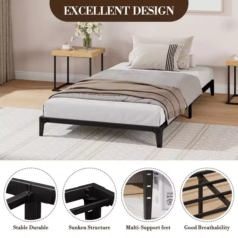 Low Bed Frame, Metal Platform Bed Frame, Heavy Duty Noise Free Bed Frame with Metal Slat Support and Strong Bearing Capacity, No Box Spring Needed
