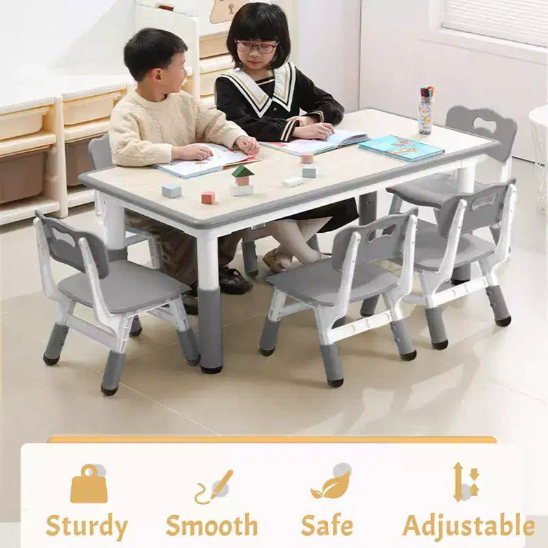 Ensemble table et chaises pour enfants, bureau réglable en hauteur avec 6 sièges pour les 2-10 ans, table d'activités artistiques et manuelles, plateau à graffitis, pieds antidérapants, capacité de 136 kg max.