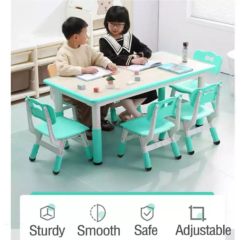 Ensemble table et chaises pour enfants, bureau réglable en hauteur avec 6 sièges pour les 2-10 ans, table d'activités artistiques et manuelles, plateau à graffitis, pieds antidérapants, capacité de 136 kg max.