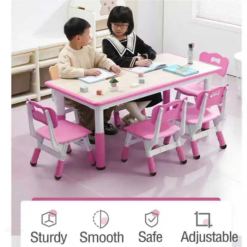 Ensemble table et chaises pour enfants, bureau réglable en hauteur avec 6 sièges pour les 2-10 ans, table d'activités artistiques et manuelles, plateau à graffitis, pieds antidérapants, capacité de 136 kg max.