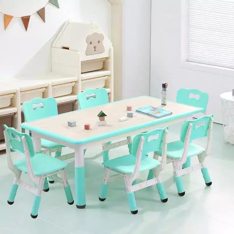 Ensemble table et chaises pour enfants, bureau réglable en hauteur avec 6 sièges pour les 2-10 ans, table d'activités artistiques et manuelles, plateau à graffitis, pieds antidérapants, capacité de 136 kg max.