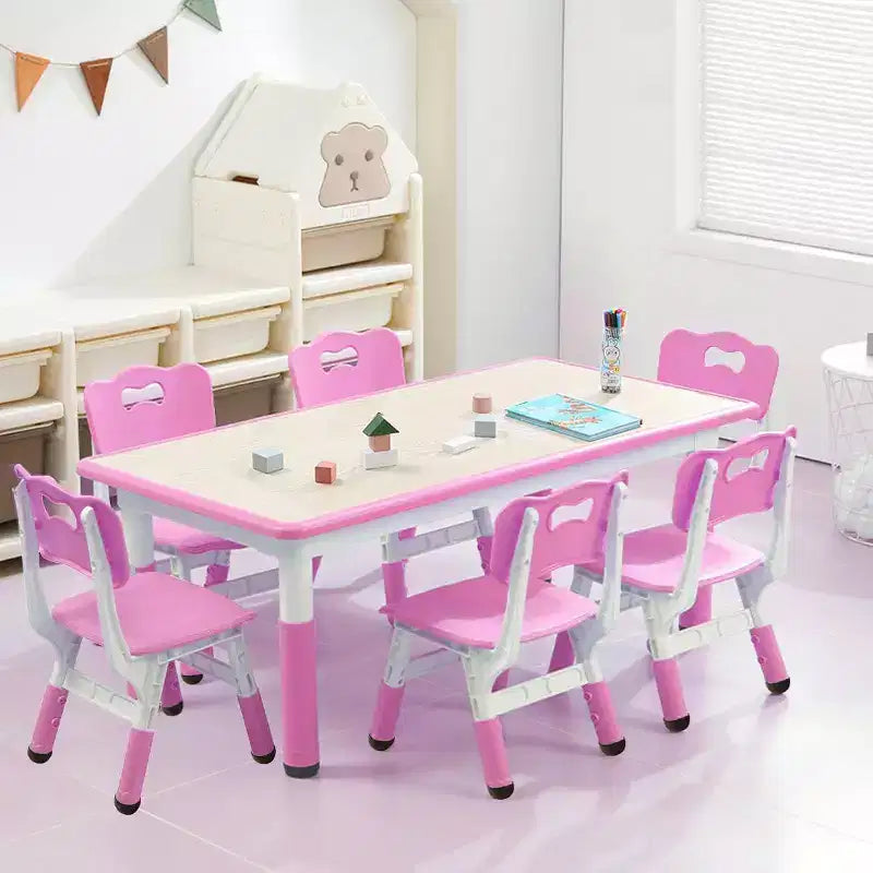 Ensemble table et chaises pour enfants, bureau réglable en hauteur avec 6 sièges pour les 2-10 ans, table d'activités artistiques et manuelles, plateau à graffitis, pieds antidérapants, capacité de 136 kg max.