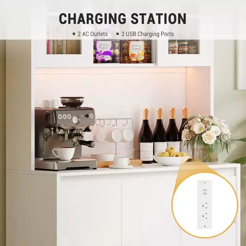 Meuble de cuisine avec porte et étagères réglables Meuble de cuisine d'angle avec étagère pour micro-ondes, éclairage LED et station de recharge