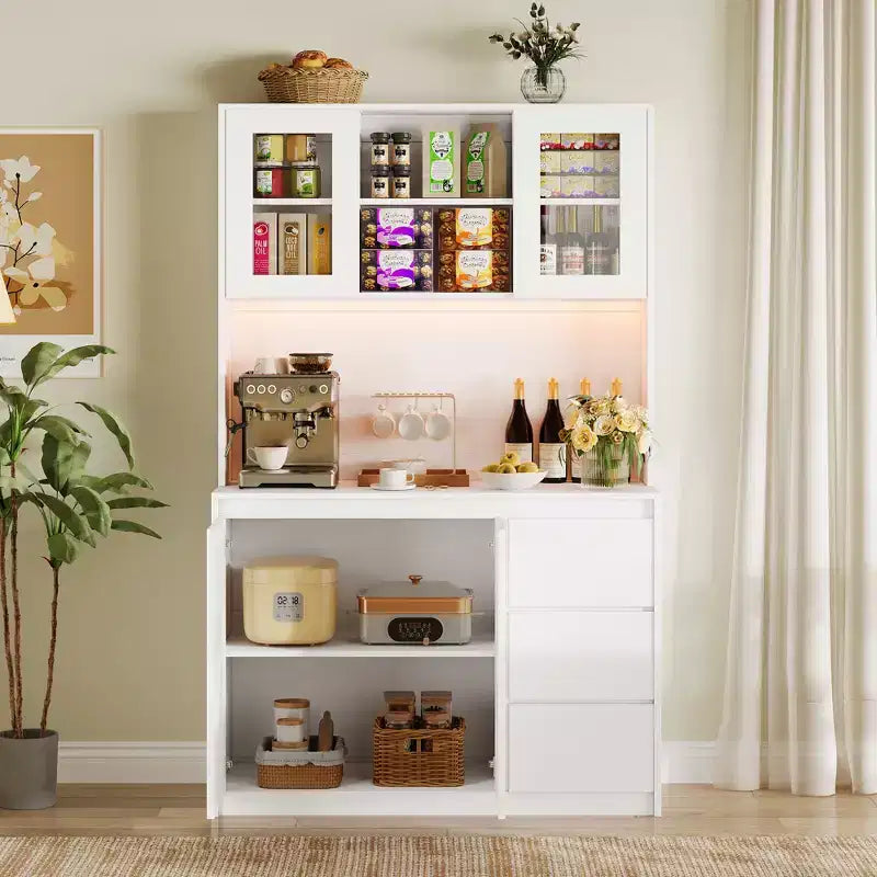 Meuble de cuisine avec porte et étagères réglables Meuble de cuisine d'angle avec étagère pour micro-ondes, éclairage LED et station de recharge