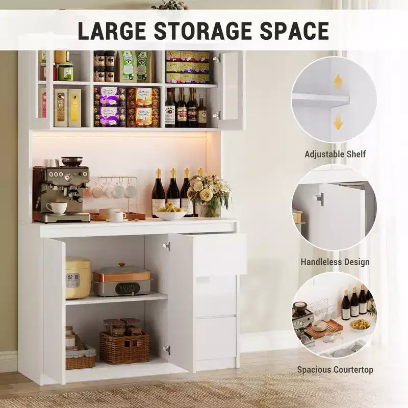 Meuble de cuisine avec porte et étagères réglables Meuble de cuisine d'angle avec étagère pour micro-ondes, éclairage LED et station de recharge