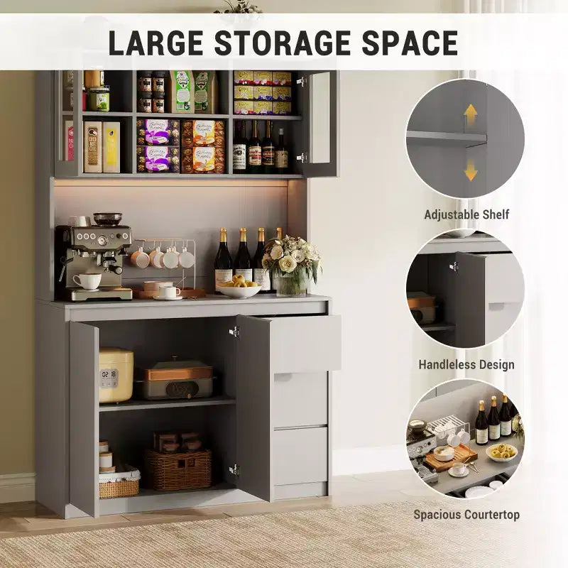 Meuble de cuisine avec porte et étagères réglables Meuble de cuisine d'angle avec étagère pour micro-ondes, éclairage LED et station de recharge