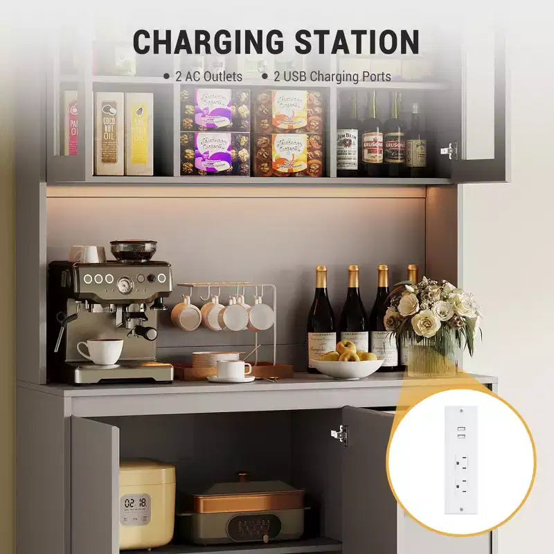 Meuble de cuisine avec porte et étagères réglables Meuble de cuisine d'angle avec étagère pour micro-ondes, éclairage LED et station de recharge