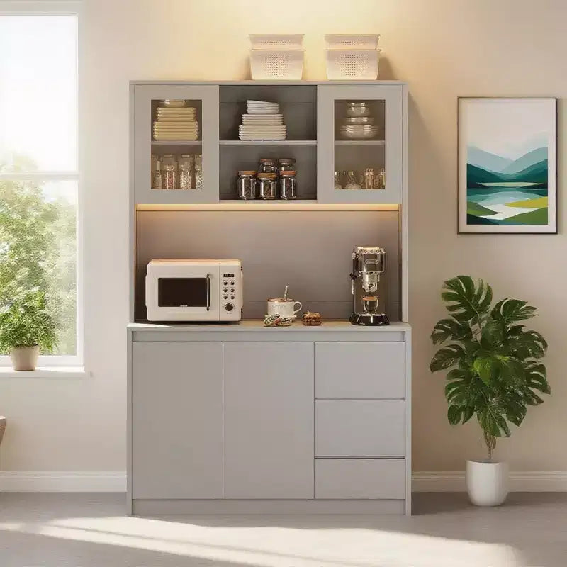 Meuble de cuisine avec porte et étagères réglables Meuble de cuisine d'angle avec étagère pour micro-ondes, éclairage LED et station de recharge