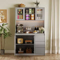 Kitchen pantry cabinet with door and adjustable shelves Corner pantry cabinet with microwave shelf, LED lighting, and charging station