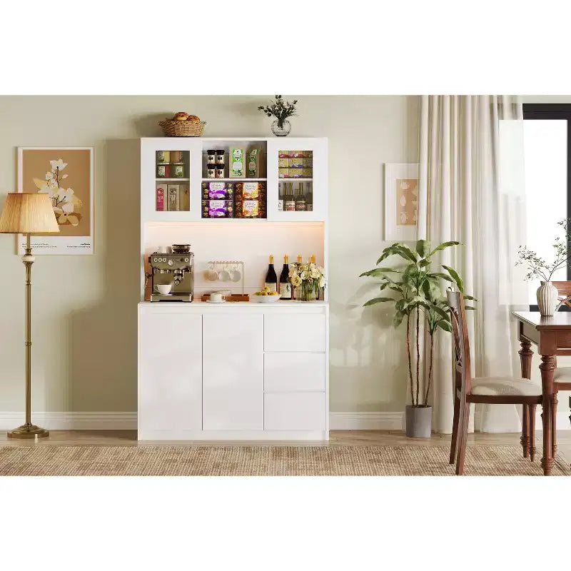 Meuble de cuisine avec porte et étagères réglables Meuble de cuisine d'angle avec étagère pour micro-ondes, éclairage LED et station de recharge