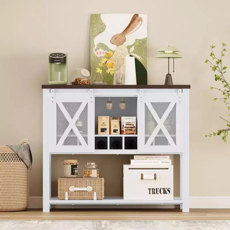 Meuble de bar à vin avec porte coulissante type grange, armoire à café avec porte-bouteilles et porte-verres, buffet de cuisine avec rangement, meuble de bar pour salon
