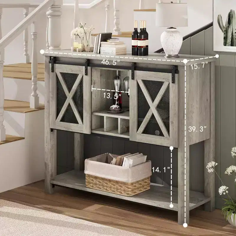Meuble de bar à vin avec porte coulissante type grange, armoire à café avec porte-bouteilles et porte-verres, buffet de cuisine avec rangement, meuble de bar pour salon