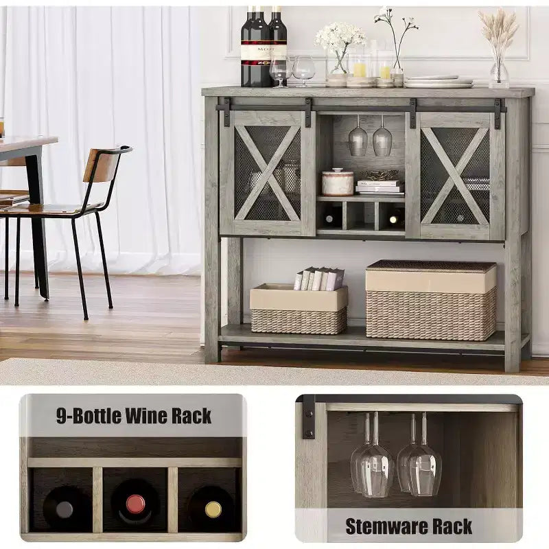 Meuble de bar à vin avec porte coulissante type grange, armoire à café avec porte-bouteilles et porte-verres, buffet de cuisine avec rangement, meuble de bar pour salon