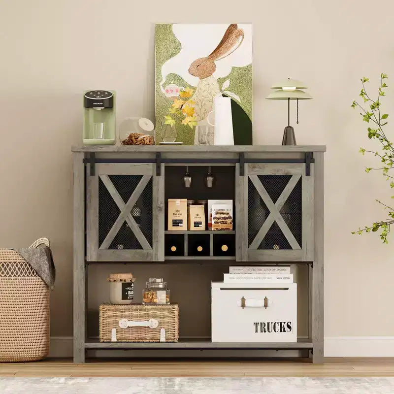 Meuble de bar à vin avec porte coulissante type grange, armoire à café avec porte-bouteilles et porte-verres, buffet de cuisine avec rangement, meuble de bar pour salon