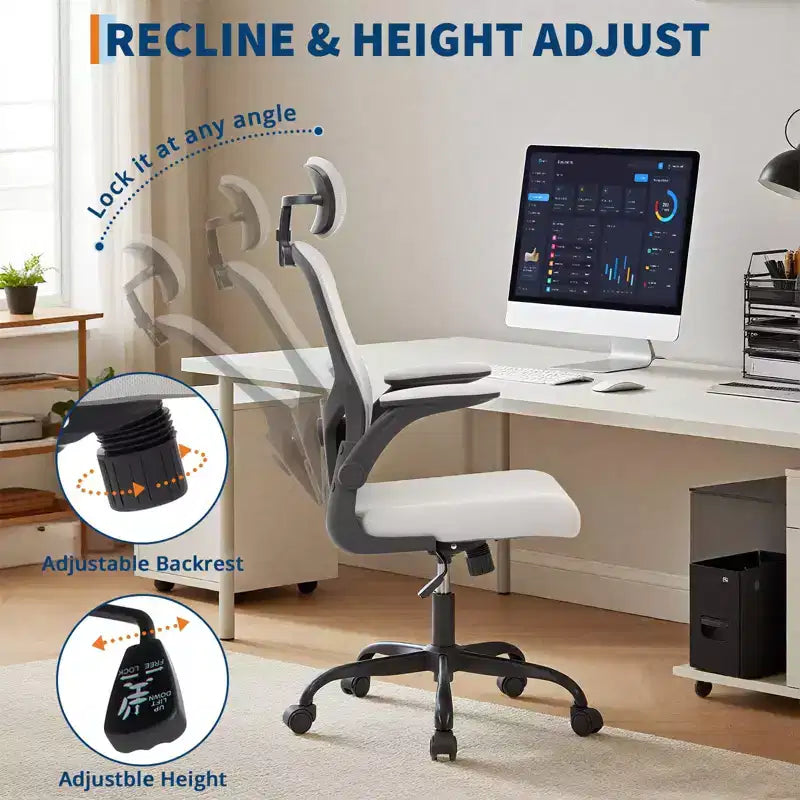 Chaise de bureau ergonomique à roulettes avec appui-tête réglable, chaise d'ordinateur à dossier haut en maille pour bureau et maison