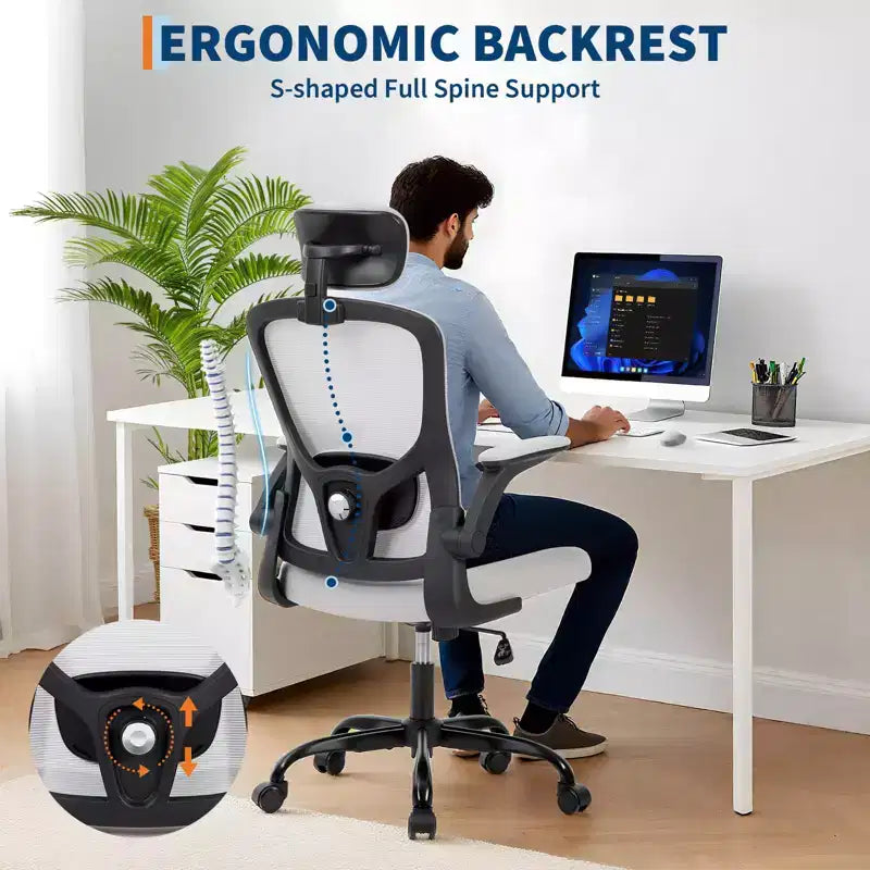 Chaise de bureau ergonomique à roulettes avec appui-tête réglable, chaise d'ordinateur à dossier haut en maille pour bureau et maison