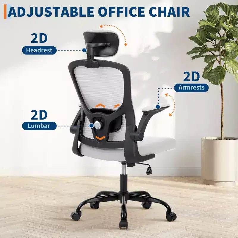 Chaise de bureau ergonomique à roulettes avec appui-tête réglable, chaise d'ordinateur à dossier haut en maille pour bureau et maison