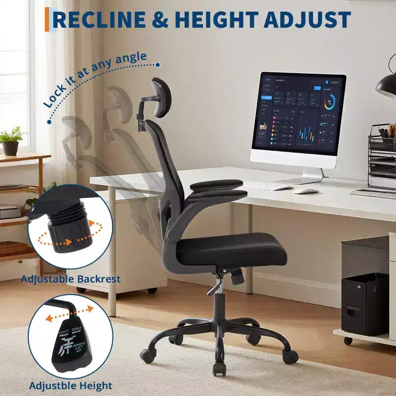 Chaise de bureau ergonomique à roulettes avec appui-tête réglable, chaise d'ordinateur à dossier haut en maille pour bureau et maison