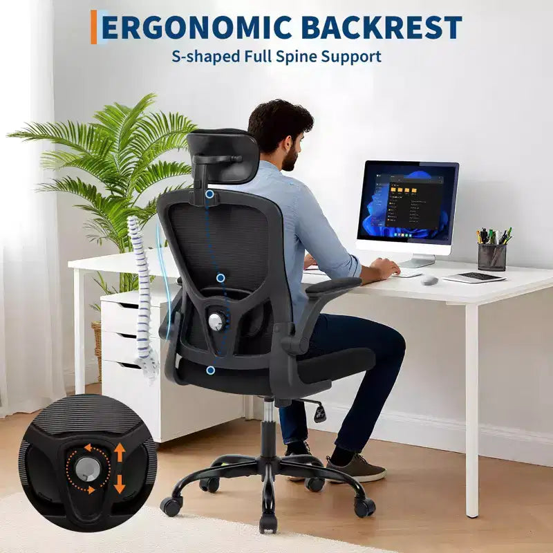 Chaise de bureau ergonomique à roulettes avec appui-tête réglable, chaise d'ordinateur à dossier haut en maille pour bureau et maison