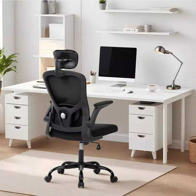 Chaise de bureau ergonomique à roulettes avec appui-tête réglable, chaise d'ordinateur à dossier haut en maille pour bureau et maison