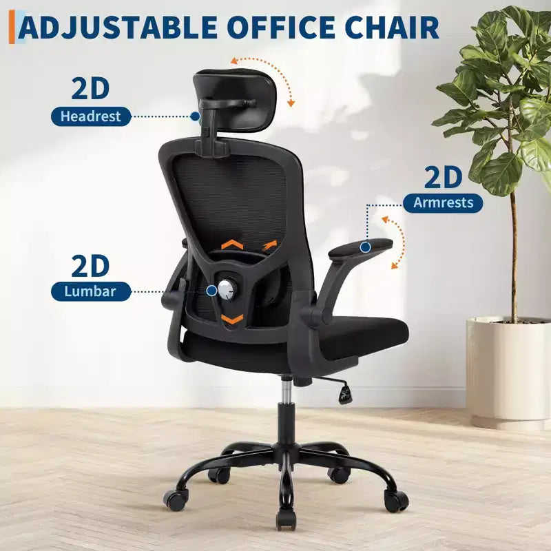 Chaise de bureau ergonomique à roulettes avec appui-tête réglable, chaise d'ordinateur à dossier haut en maille pour bureau et maison
