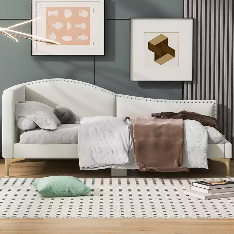 Twin/Full Upholstered Daybed, Linen Fabric Sofa Bed with Headboard and Armrest for Living Room