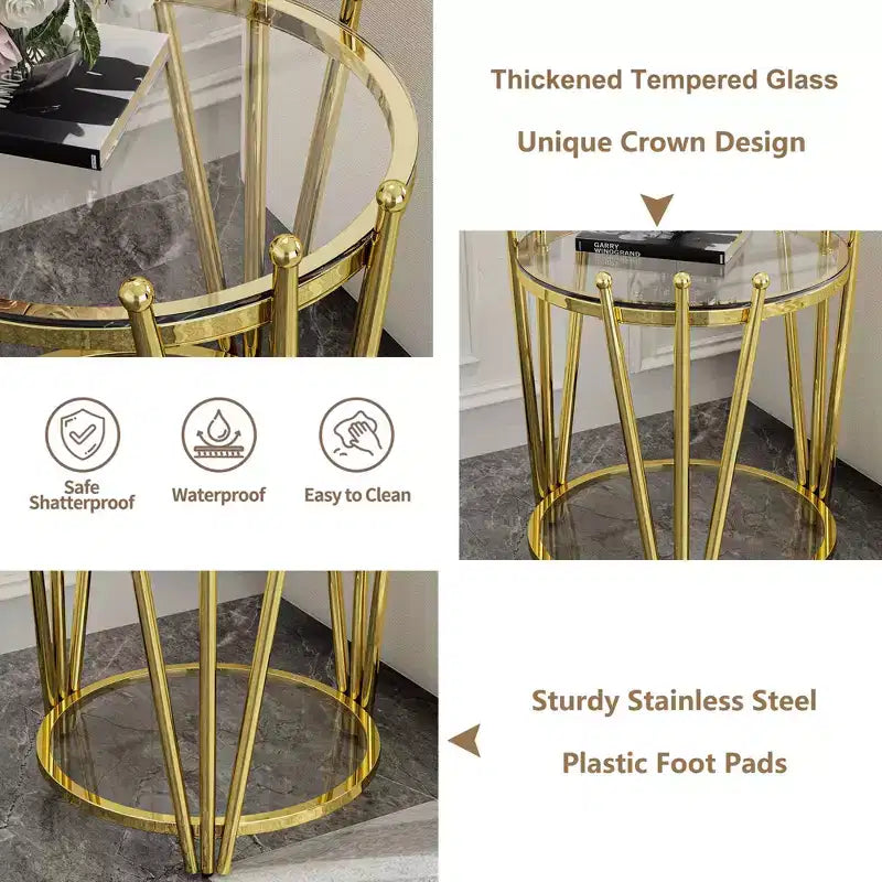 Table d'appoint moderne avec plateau en verre trempé, table de chevet avec pieds en acier inoxydable au design couronné, table de canapé pour salon