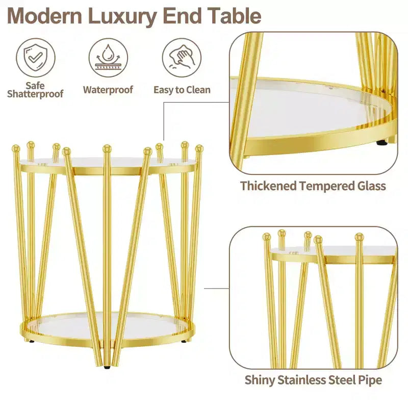 Table d'appoint moderne avec plateau en verre trempé, table de chevet avec pieds en acier inoxydable au design couronné, table de canapé pour salon