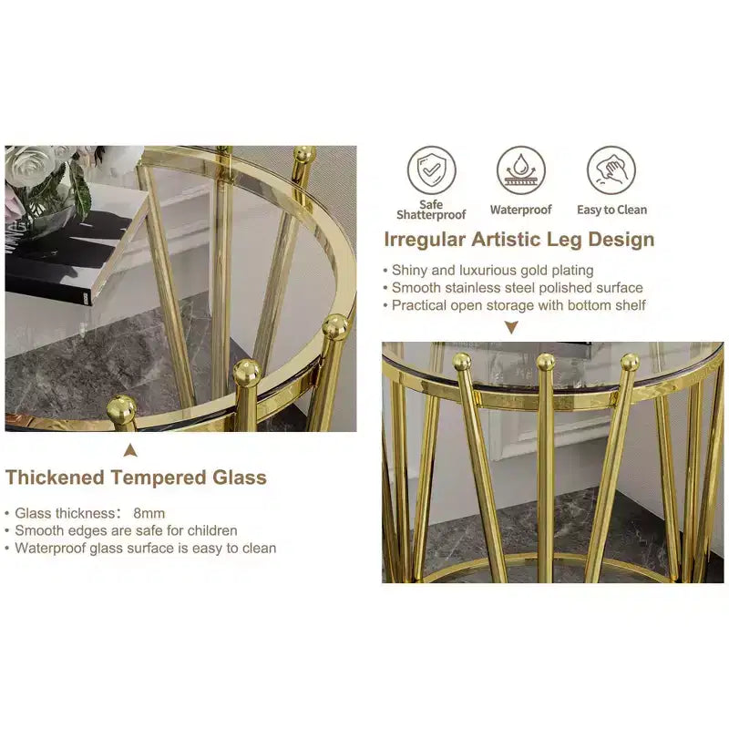 Table d'appoint moderne avec plateau en verre trempé, table de chevet avec pieds en acier inoxydable au design couronné, table de canapé pour salon