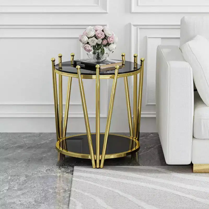Modern End Table with Tempered Glass Tabletop, Side Table with Crown Design Stainless Steel Legs, Couch Table for Living Room
