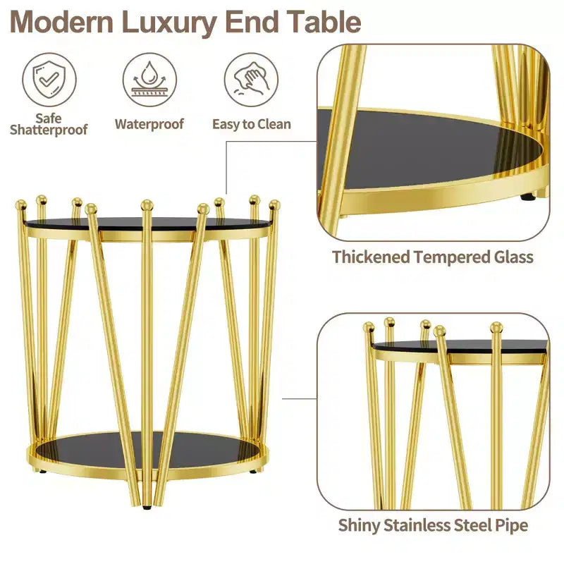 Modern End Table with Tempered Glass Tabletop, Side Table with Crown Design Stainless Steel Legs, Couch Table for Living Room