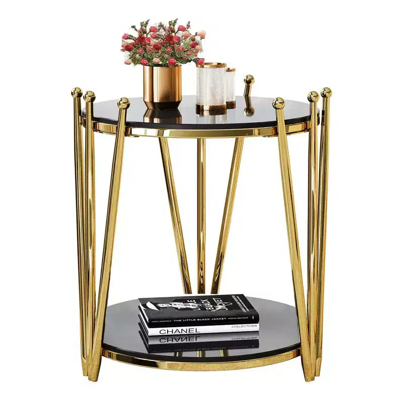 Table d'appoint moderne avec plateau en verre trempé, table de chevet avec pieds en acier inoxydable au design couronné, table de canapé pour salon
