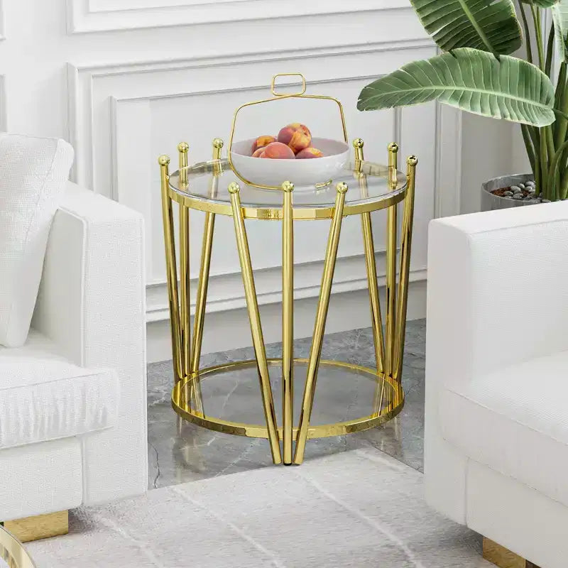 Table d'appoint moderne avec plateau en verre trempé, table de chevet avec pieds en acier inoxydable au design couronné, table de canapé pour salon