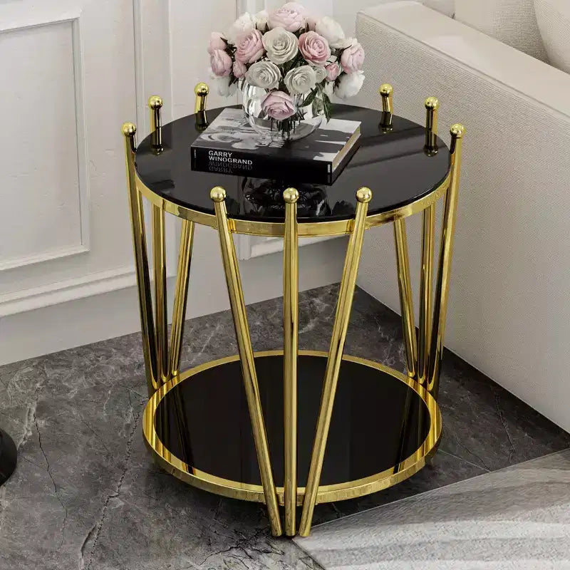 Modern End Table with Tempered Glass Tabletop, Side Table with Crown Design Stainless Steel Legs, Couch Table for Living Room