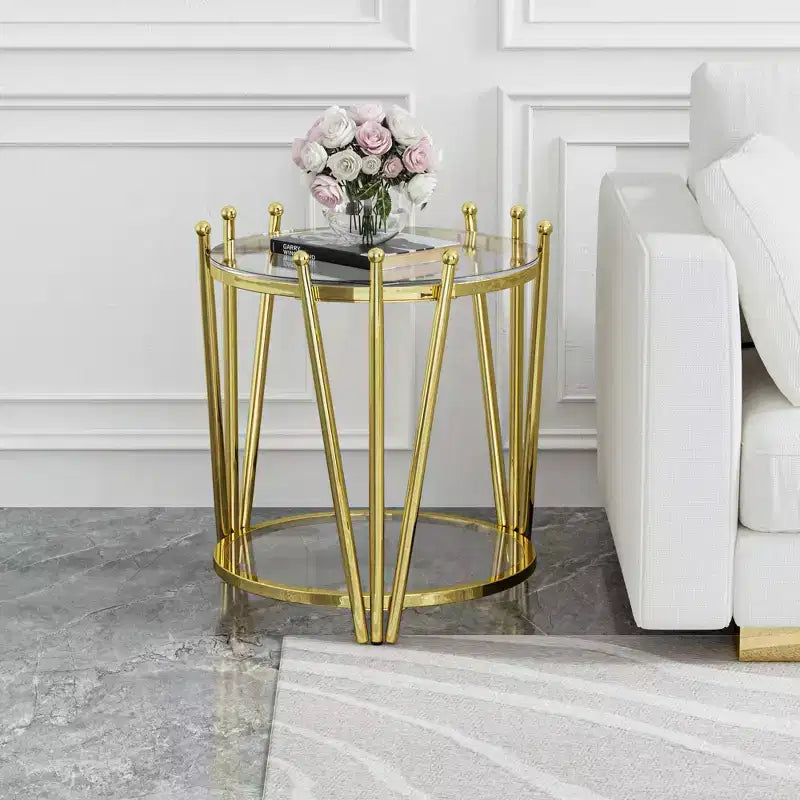 Okak Modern End Table with Tempered Glass Tabletop, Side Table with Crown Design Stainless Steel Legs, Couch Table for Living Room