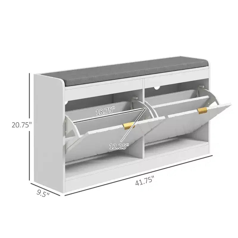 Narrow Storage Bench, Upholstered Entry Way Bench, Shoe Rack Bench with 2 Flip Drawers, 2 Vents for 8 Pairs of Shoes