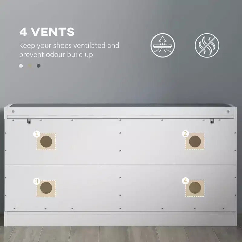 Banc de rangement étroit, banc d'entrée rembourré, banc porte-chaussures avec 2 tiroirs basculants, 2 bouches d'aération pour 8 paires de chaussures
