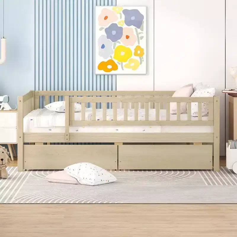 Full Trundle beds for Kids, Daybed with Trundle, Wood Full Bed for Teens, Adults, No Box Spring Needed (White/Beige)