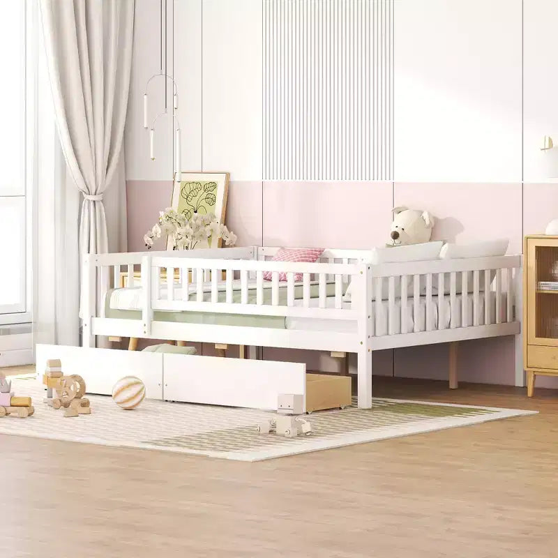 Full Trundle beds for Kids, Daybed with Trundle, Wood Full Bed for Teens, Adults, No Box Spring Needed (White/Beige)