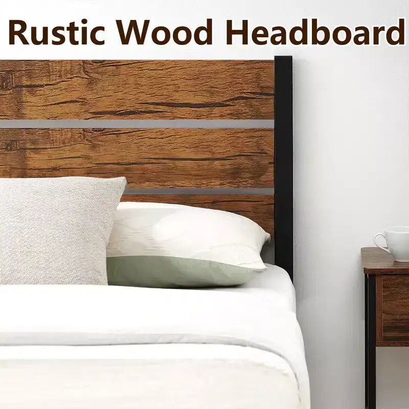 Platform Bed Frame with Wood Headboard, Heavy Duty 800LB Support, 12 Under Bed Storage, Noise-Free & No Box Spring Needed, Rustic Vintage