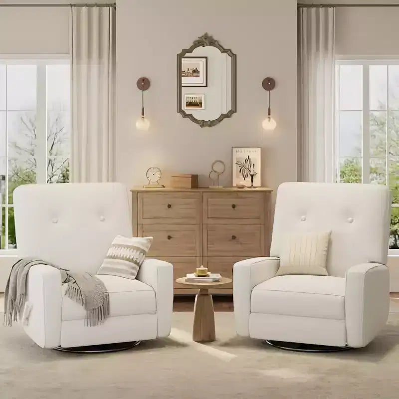 Modern Reclining Chair Nursery for Adults, Manual 360 Swivel Glider Rocking Chair for Living Room, Linen Beige