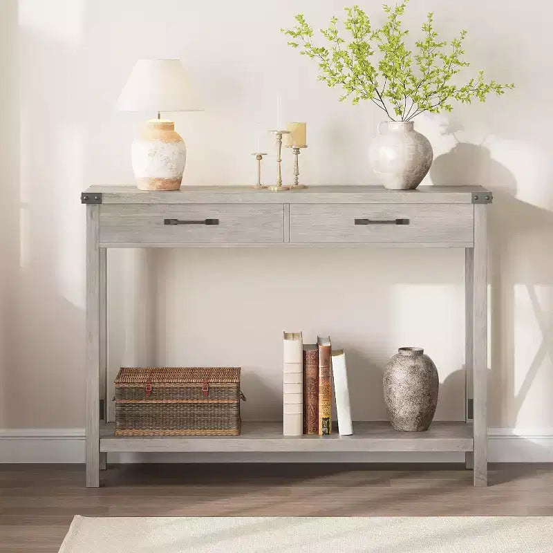 Console avec 2 tiroirs, Table d'entrée en bois avec étagère de rangement, Tables de canapé étroites et longues pour salon, entrée, couloir, foyer